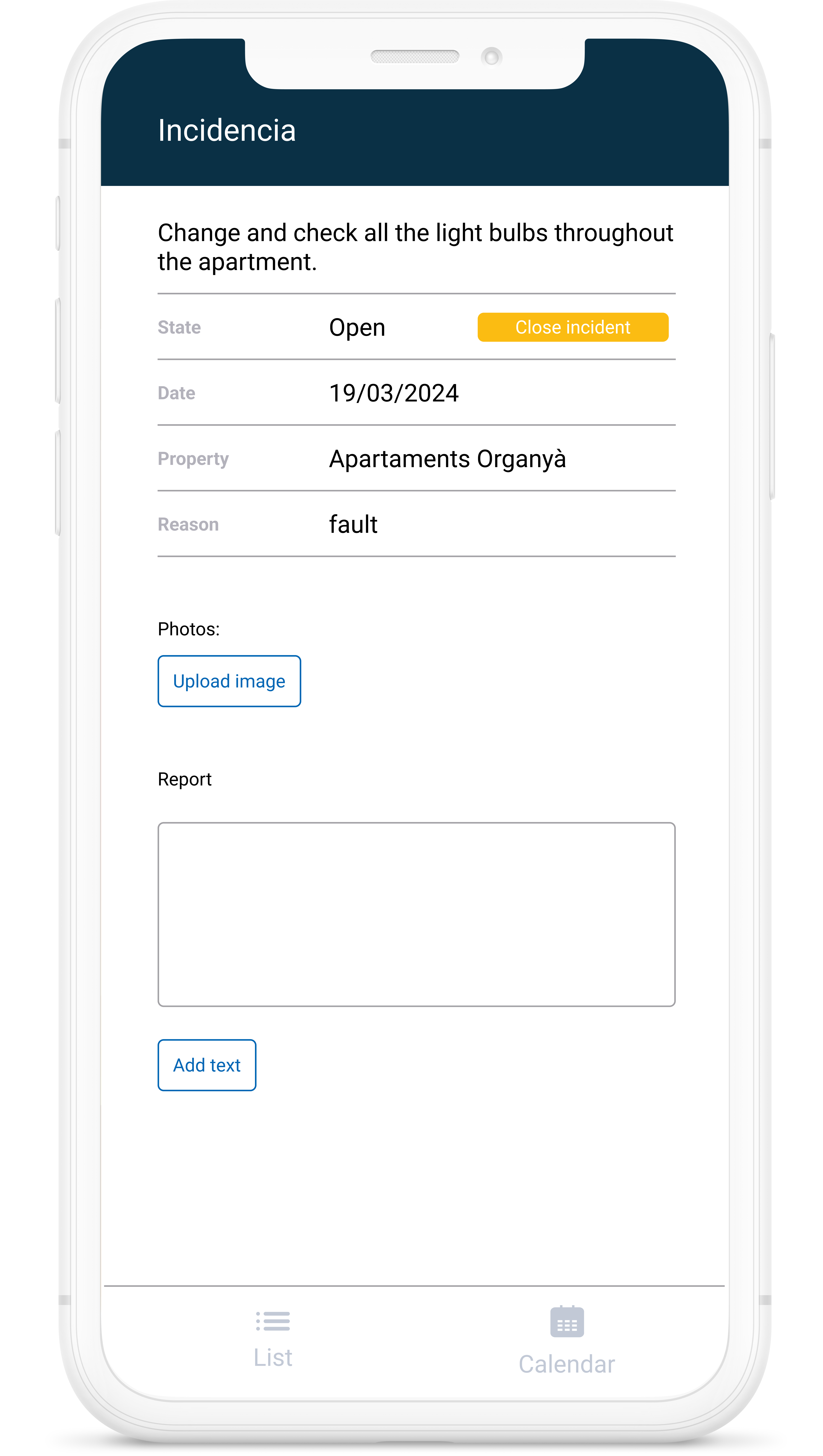 Appareil mobile où le fichier d'incident est affiché, vous pourrez voir les détails du problème à résoudre dans l'application.