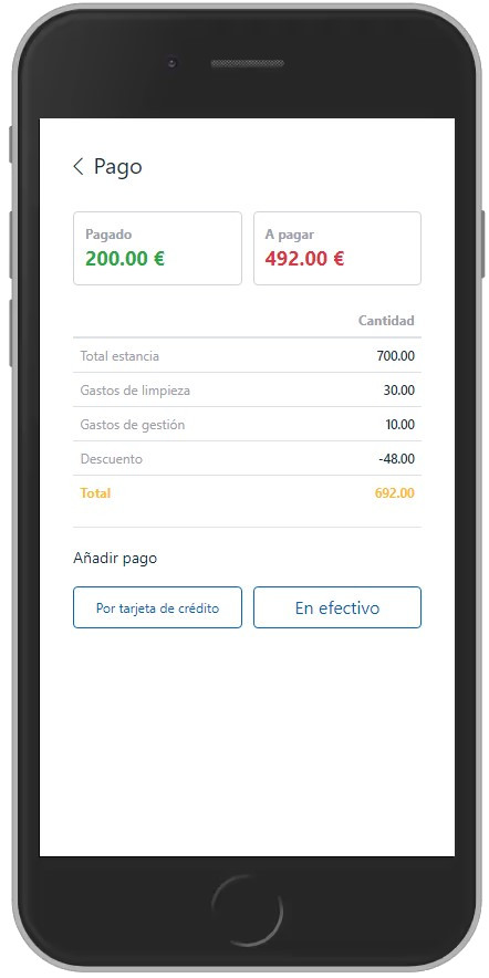 Dispositif mobile affichant les informations relatives au paiement de l'hébergement