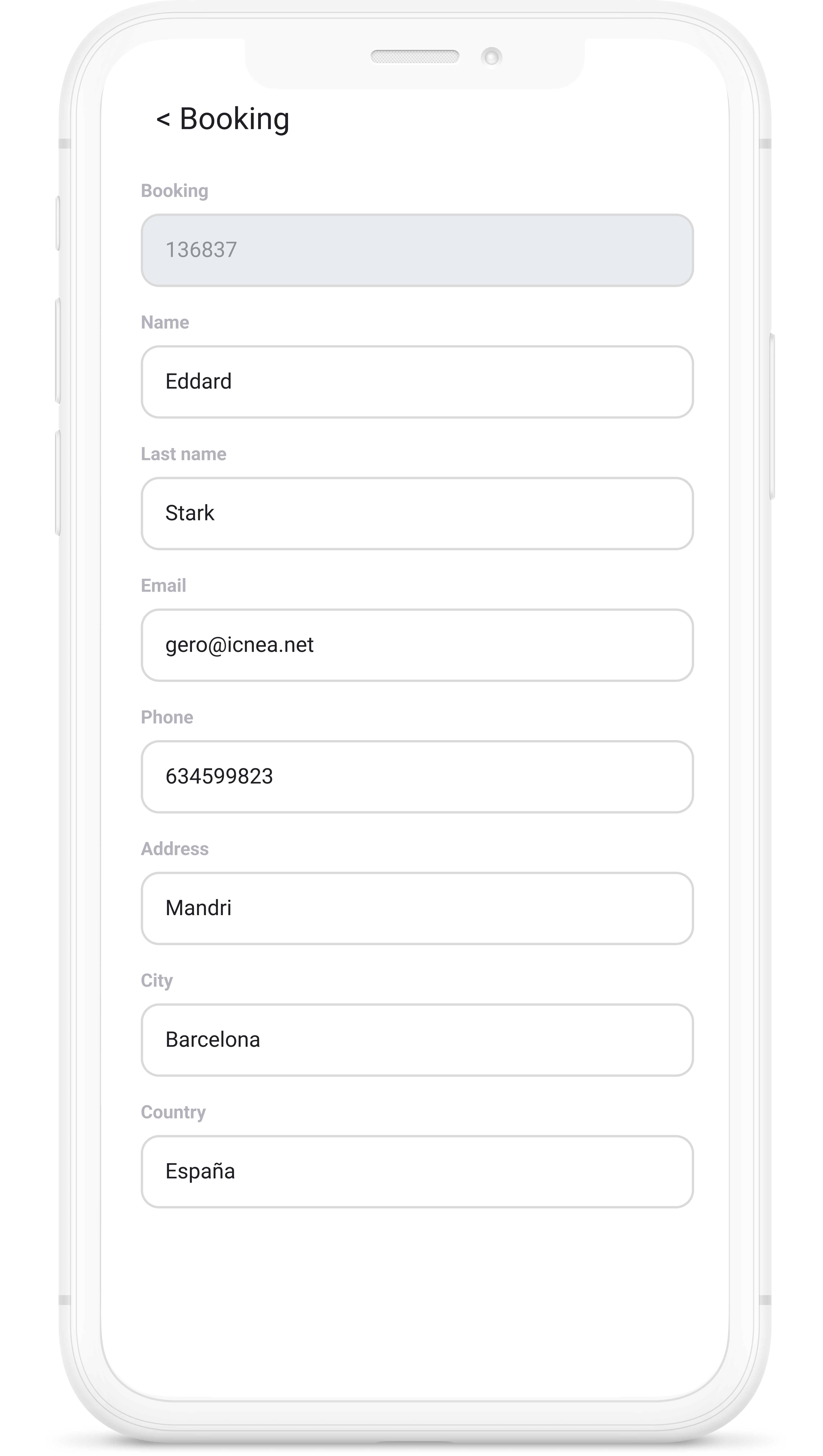 Appareil mobile affichant les détails de la réservation sur l'application icnea