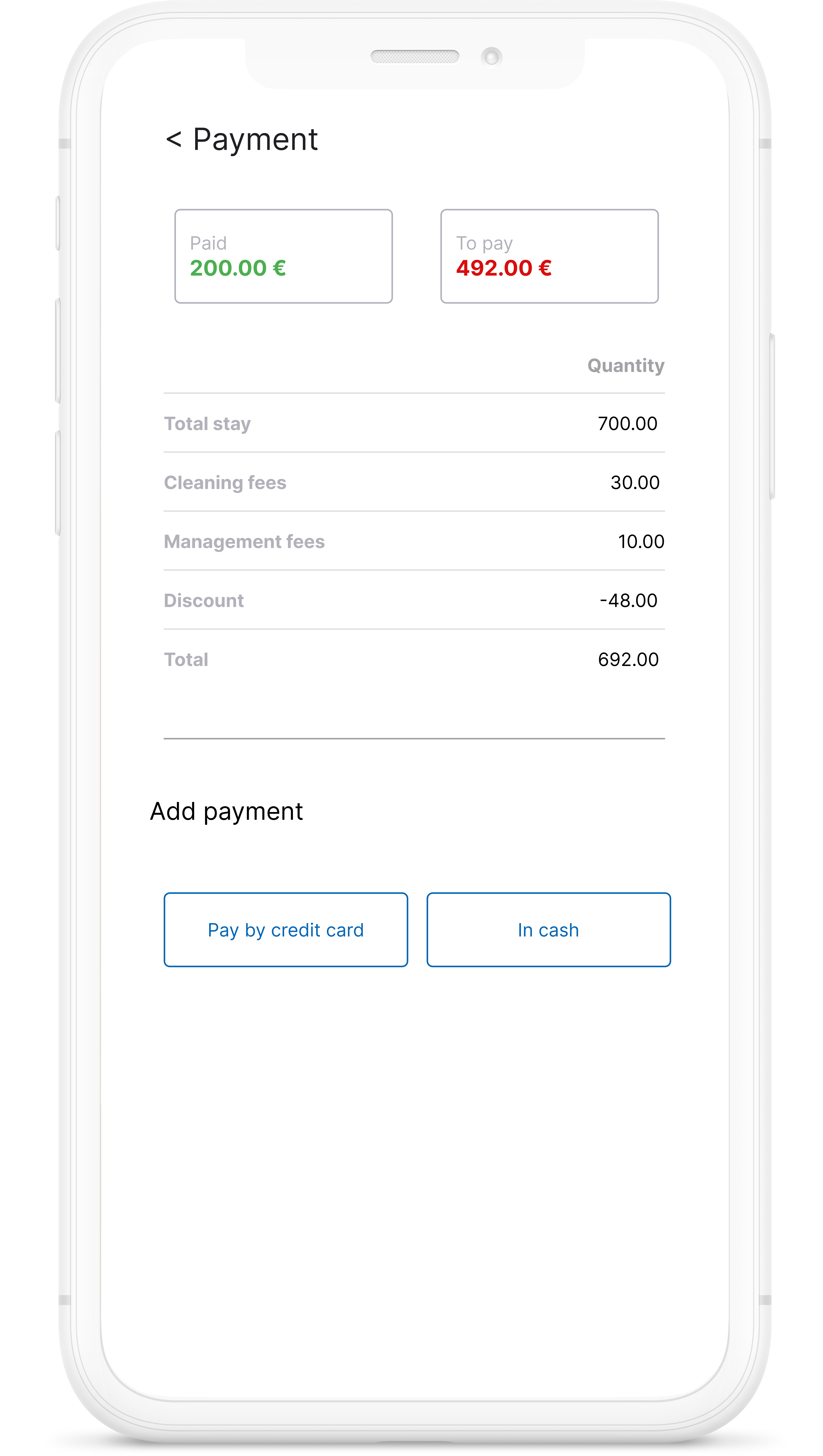 Dispositif mobile affichant les informations relatives au paiement de l'hébergement